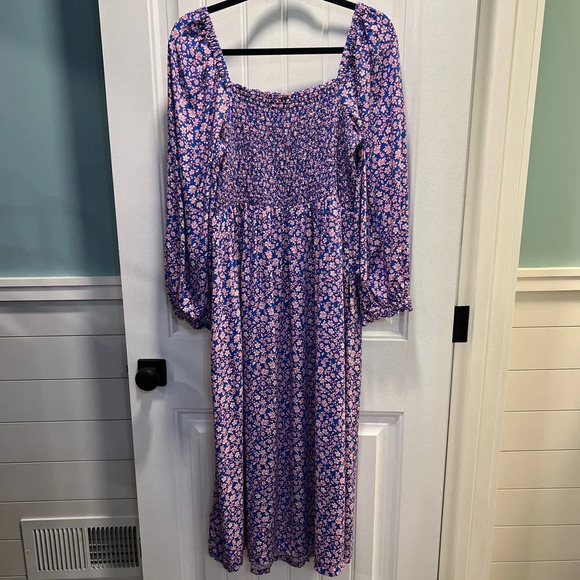 J. Crew Factory Viscose Blue Ditsy Floral Smocked Midi Dress. Size XL. - Picture 4 of 16
